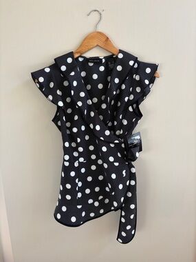 Axcess Polka Dot Wrap Top Size Small Adjustable Waist Black White NWT